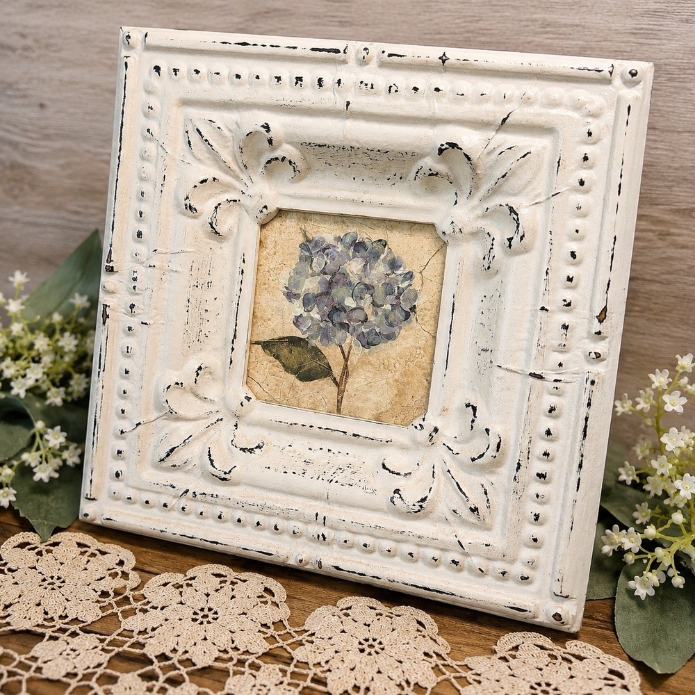 Vintage Style Floral Art Print Decorative Wooden Framed Hydrangea "Tin" 12x12"
